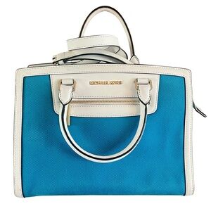Michael Kors Retro Turquoise and White Leather-Trim Selma Crossbody Satchel